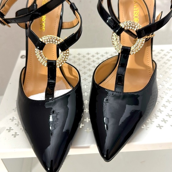 SEKAYISORE Women Black Point-Toe Ankle Strap Buckle Patent Leather 4 Inch Heels - Picture 5 of 6